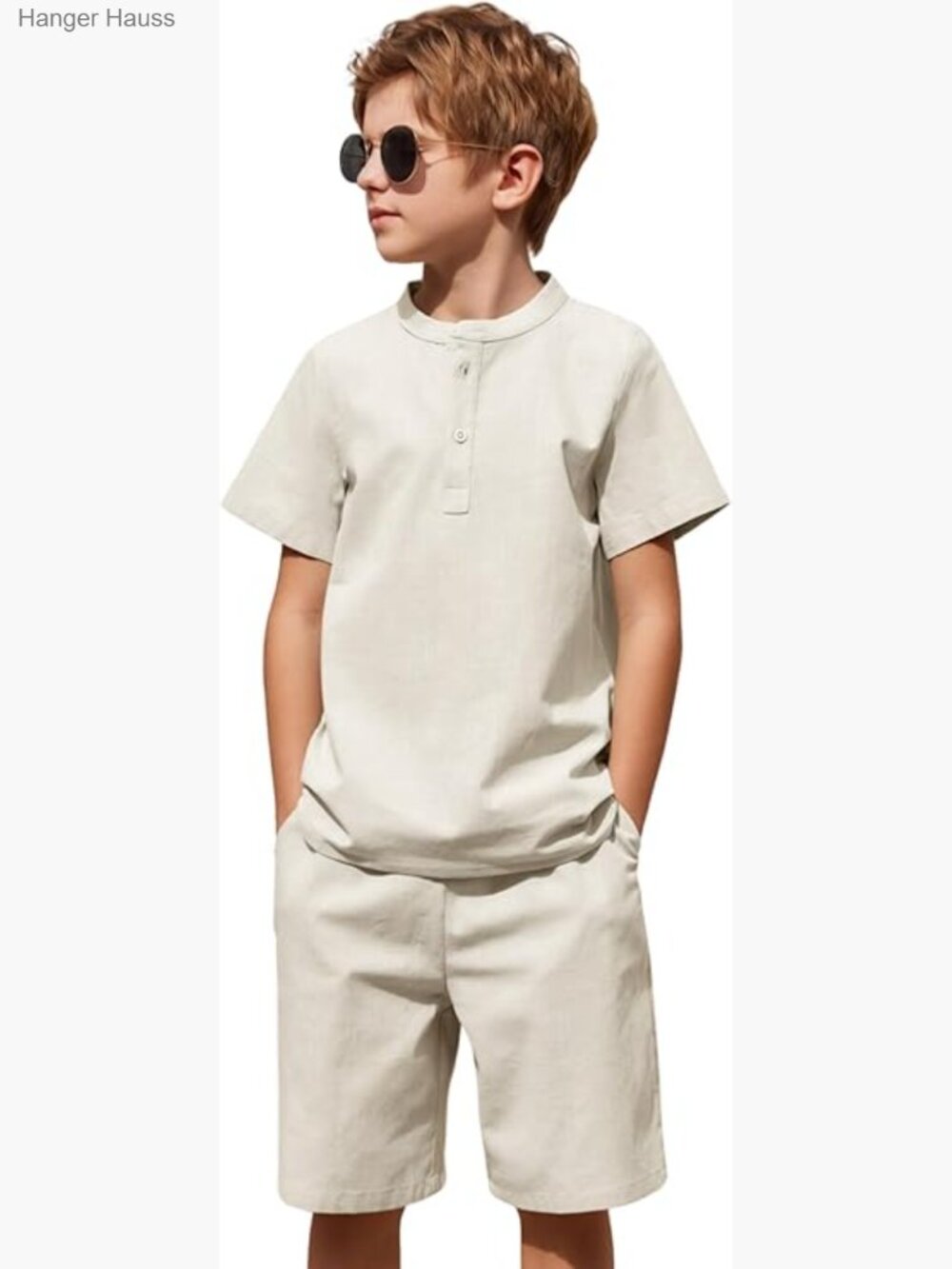 Boys 2 Piece Cotton Linen Short Set Henley Shirt & Shorts Summer Outfit